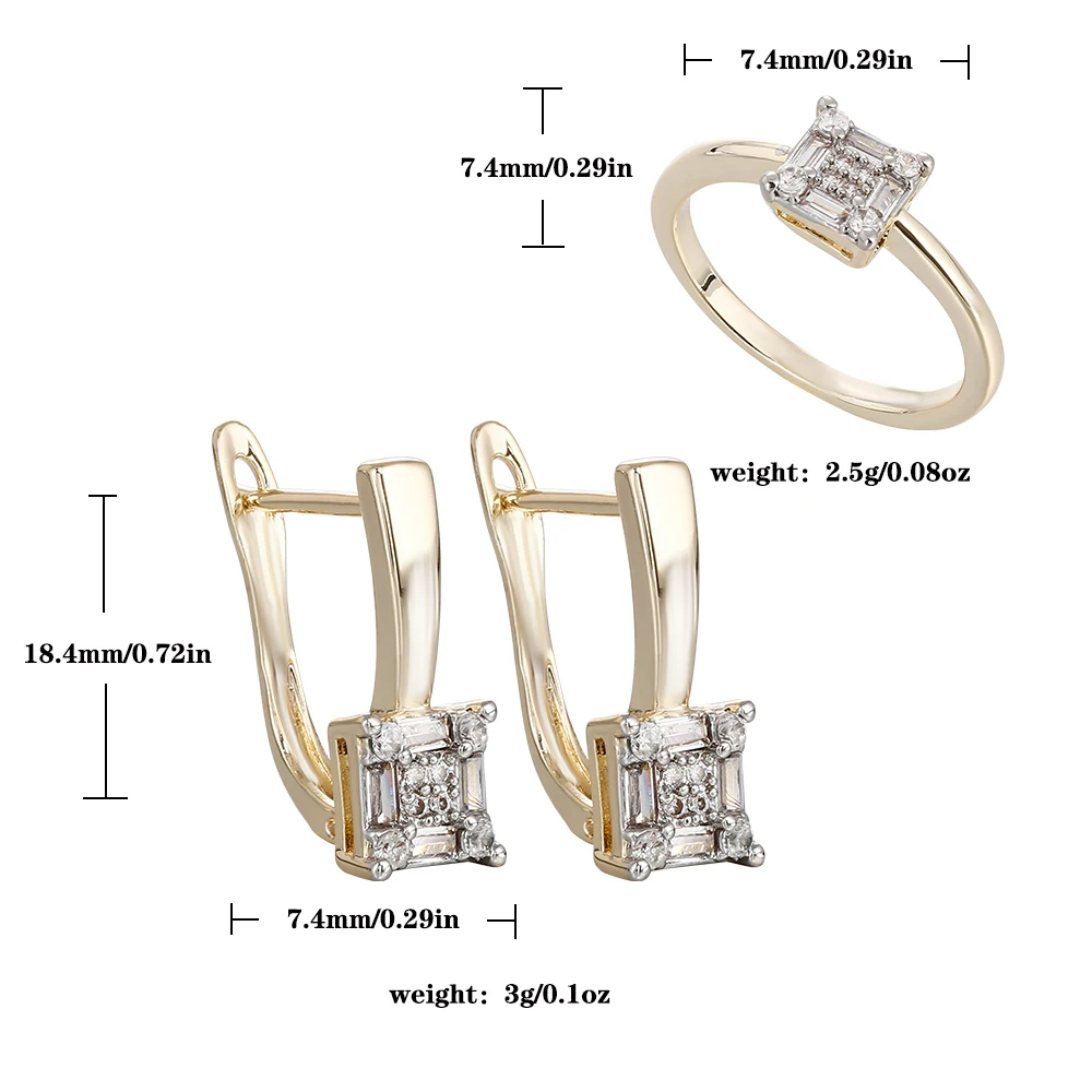Mini-Quadrat-Ohrringe und Ring-Set, kupferbeschichtet, 14K Gold, modischer Schmuck, schlichte, funkelnde Diamant-Accessoires für den Alltag. – Detail 1