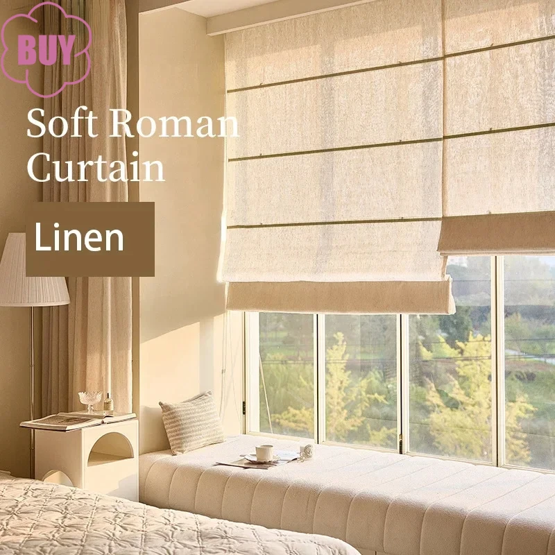 

Japanese Linen Yarn Roman Curtains for Living Room French Window Partition French Window Folding Lifting Finished Curtain