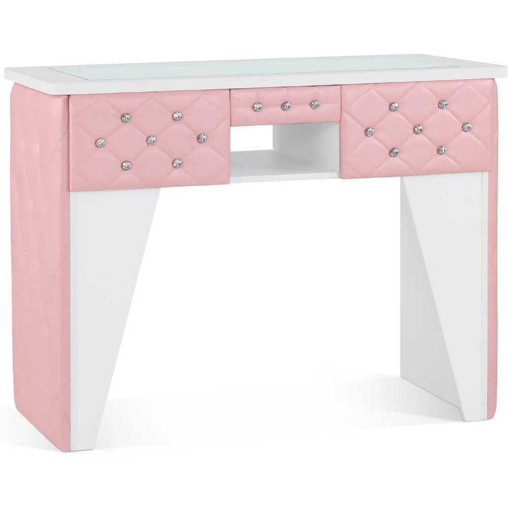 Modern Manicure Table with 3 Drawers, Glass-Top Nail Desk with Leather Padding, Beauty Salon Nail Station 2675