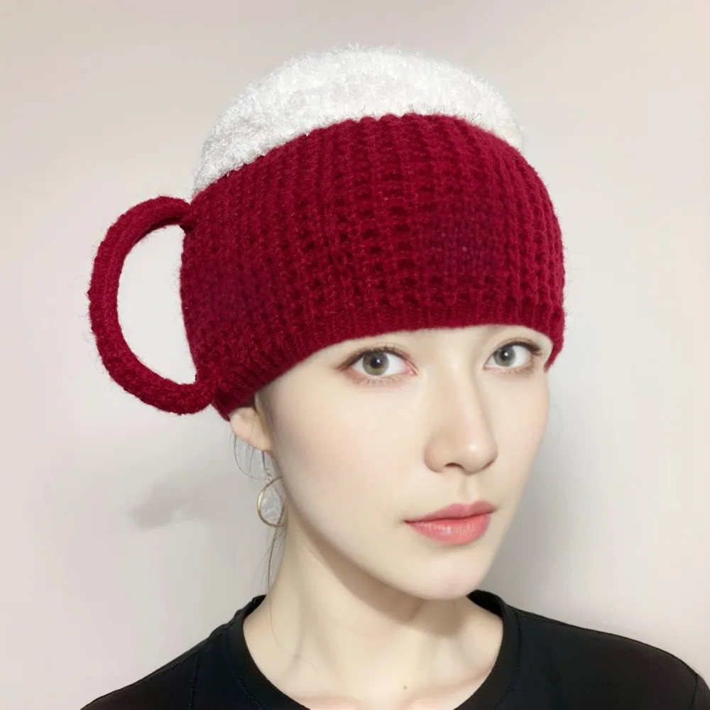 New Unisex 3D Beer Cup Hats Versatile Warm Ear Hairline Beanies Knitted Warmers Beer Lovers Pullover Cap Women Men