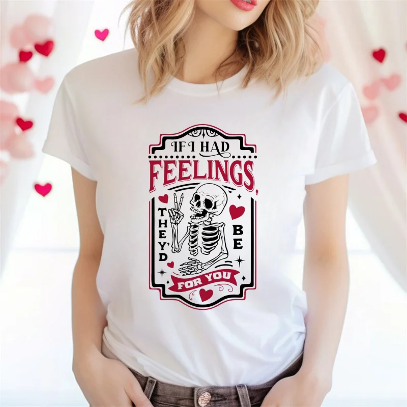 Camiseta con estampado de sentimientos de esqueleto para mujer, Top básico informal de manga corta, camiseta de verano para mujer estilo San Valentín