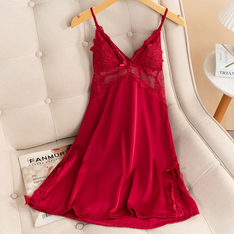 Sexy Chemise Nightgown Summer Female Sleepwear Dress Lingerie Women Lace Nightdress Nightwear Satin Dressing Gown Homewear