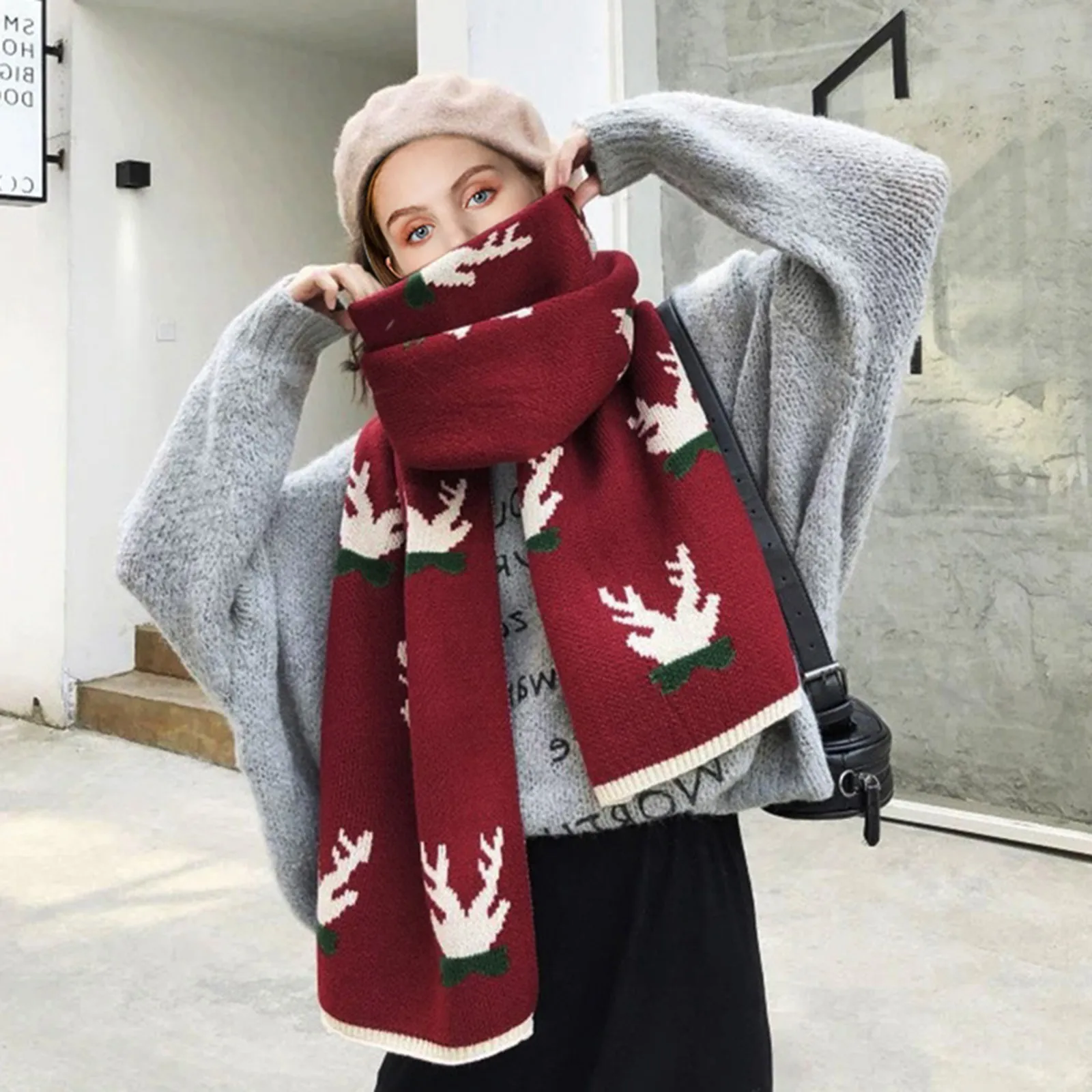 Knitted Christmas Wool Scarf Autumn Winter Fashion Warm Woolen Scarf Women Double-Sided Scarves Shawls Wrap Warm Christmas Gifts