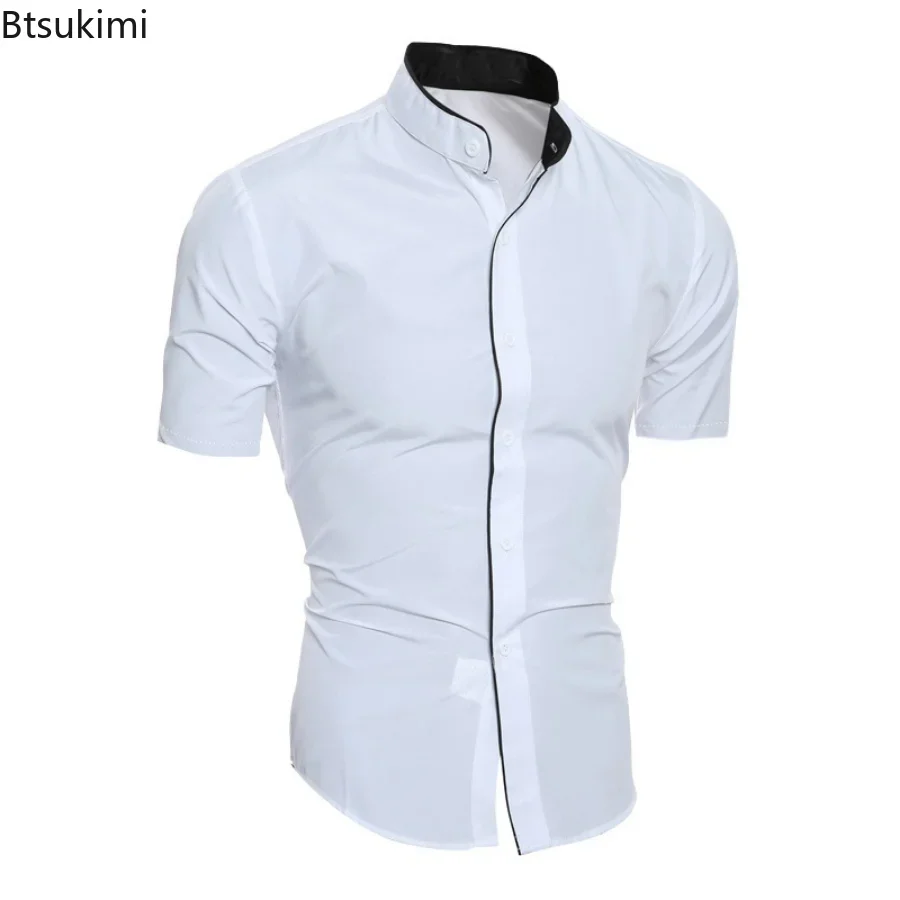 Camisas informales de verano para hombre, camisa de manga corta lisa con cuello levantado, blusa Formal de negocios a la moda, 2024