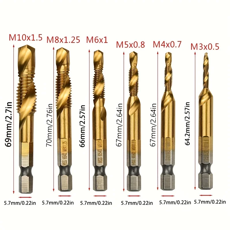 12pcsTitanium Coated HSSTap Drill Bits Set Hex Shank Screw Thread Bit Screw Machine Compound Tapfor Precise Drilling and Tapping