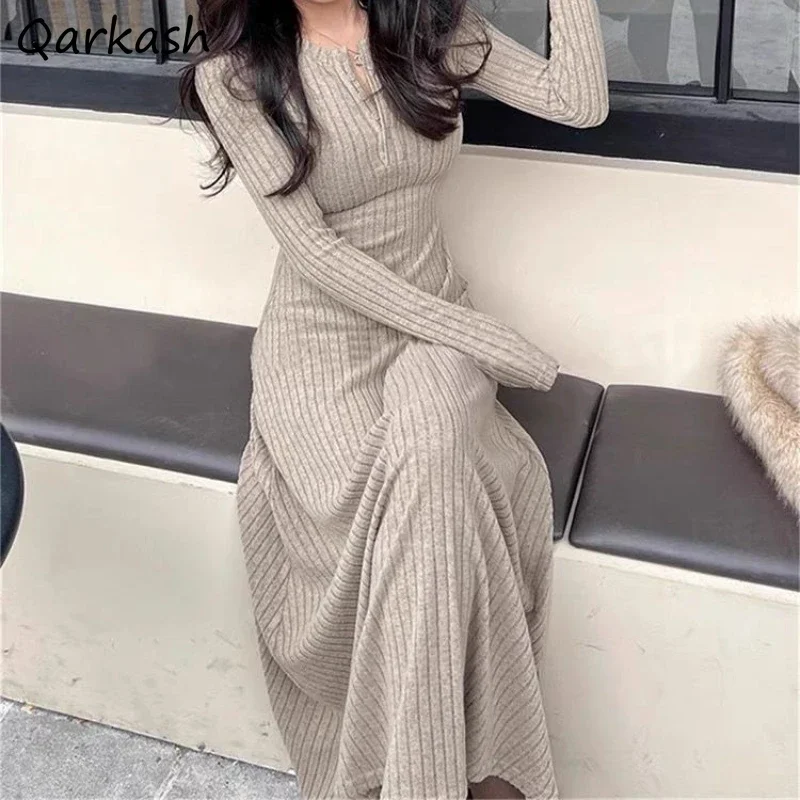 

Knitting Maxi Dress for Women Solid Lazy Elegant Ulzzang High Waist Soft Females Casual Sexy Vestidos De Mujer Long Sleeve Basic