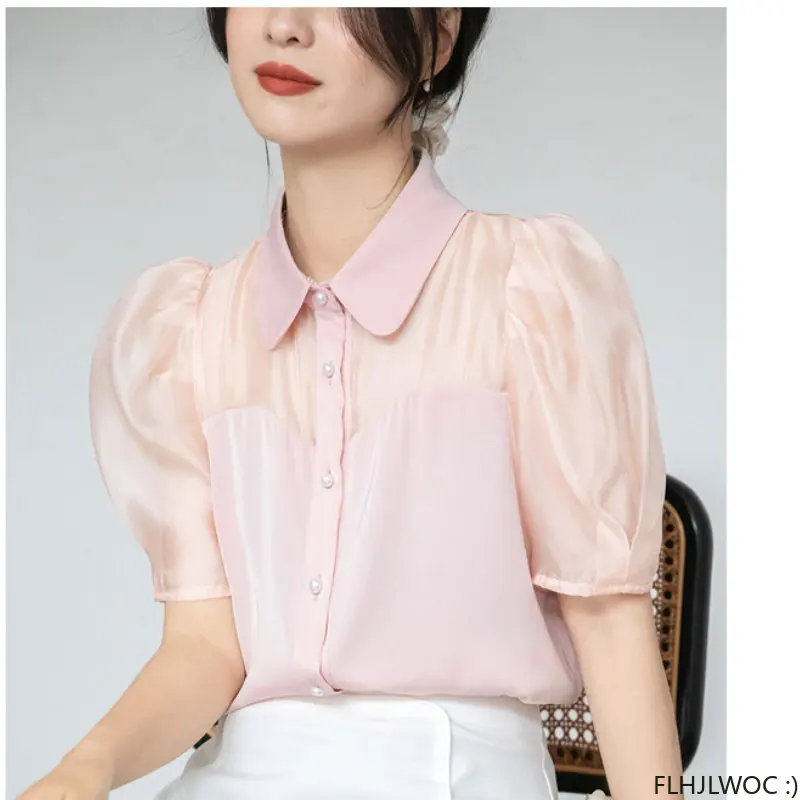 Korea Chic Puff Sleeve Sheer Mesh Tops Blusas Japan Style Elegant 2023 Summer Cute Girls Button Shirts Flhjlwoc Women Blouses