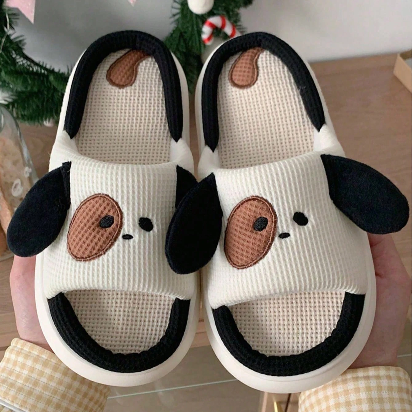 Women Black White Home Slippers Cute Dog Three-dimensional Puppy Pattern Design 3.5cm Fashion Soft Casual Piggy Comfy Big Size