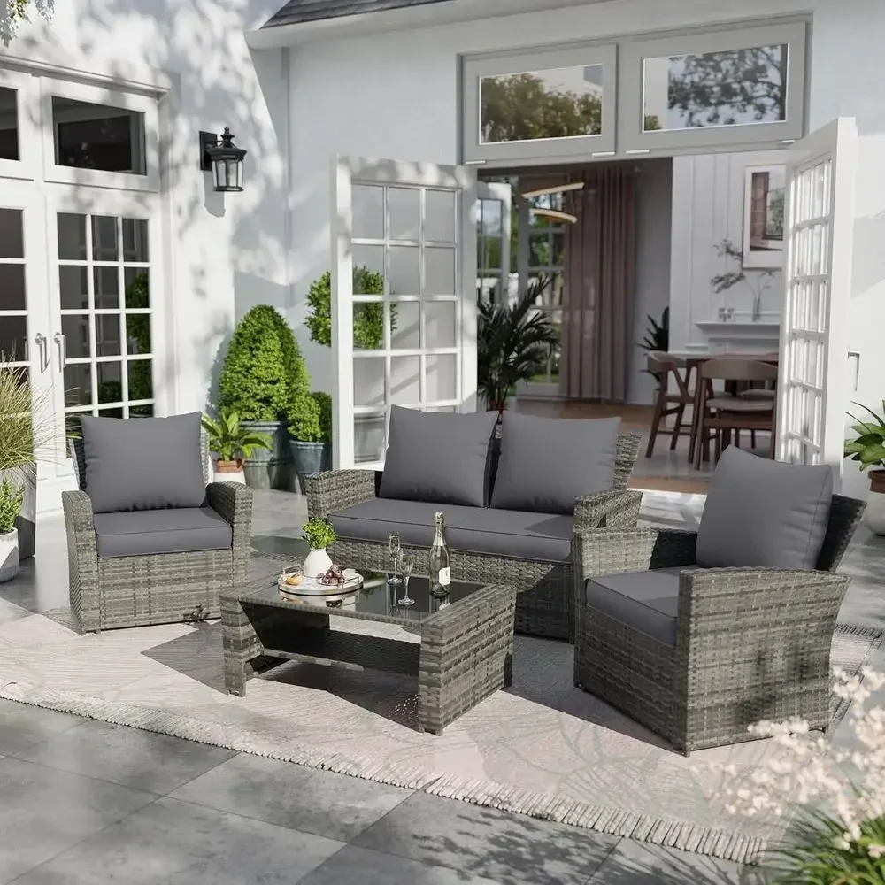 8-Piece Patio Furniture Set with 4'' Grey Water-Resistant Replacement Cushions for Outdoor Sectional Sofa Chairs