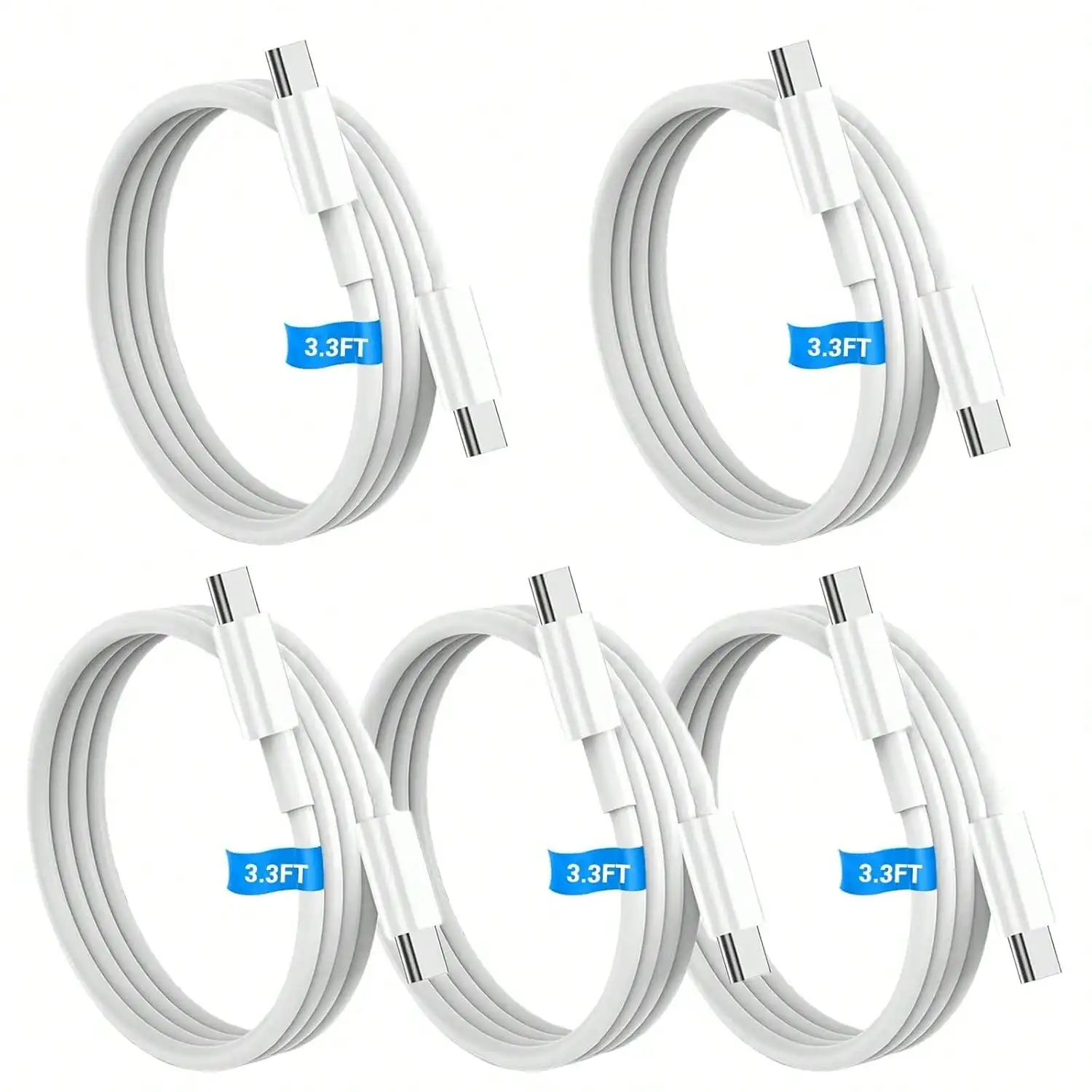 

White Solid Color Data Cable 60W USB C To USB C Cable 5-Pack Bulk [2*6.6ft + 3*3.3ft] Fast Charging, Type C Cable Compatible With IPhone 15/16/17 Pro/Max, Galaxy S24/S25, Pad Pro/Air, Pro/Air, Pixel, Switch & More Spring Mother's Day