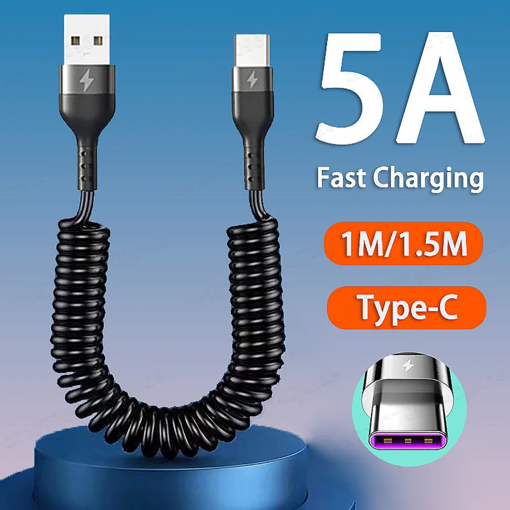 용수철 풀 텔레스코픽 USB C 타입 데이터 케이블, 마이크로 USB 고속 충전 코드, 안드로이드 휴대폰용 자동차 USB 전화 케이블, 66W 5A, 3A
