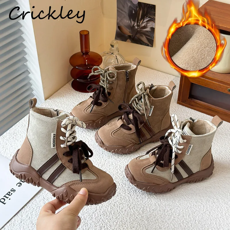 

Полосатые модные ботинки из искусственной кожи для мальчиков и девочек, теплые мягкие детские ботинки из хлопка и флиса, нескользящие детские повседневные ботильоны на молнии