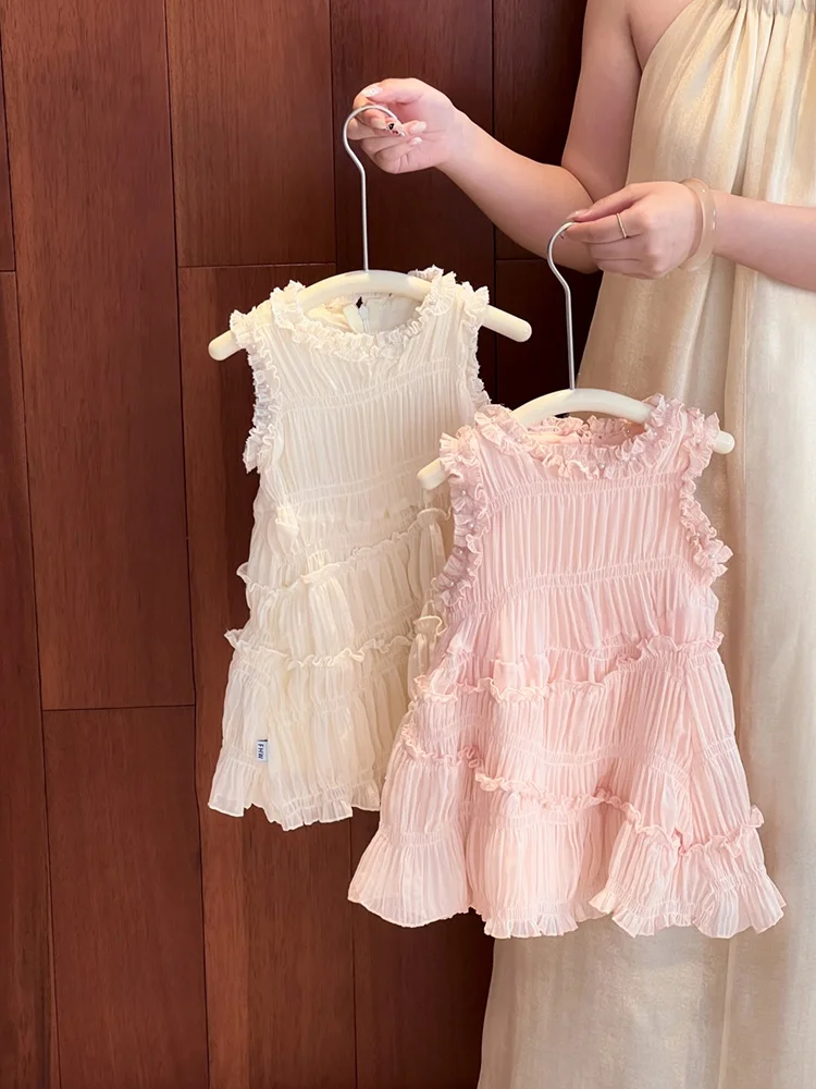 Vestido sin mangas para niñas, estilo dulce, con encaje, de princesa, para verano 2026, a la moda, para bebé, falda tipo chaleco, agradable para la piel.