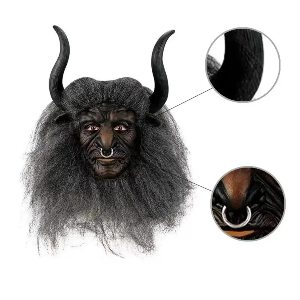 Bull Demon King Adult Party Mask Halloween Costume Props Funny Latex Fun Movie Mask with Hair and Horn Role Playing