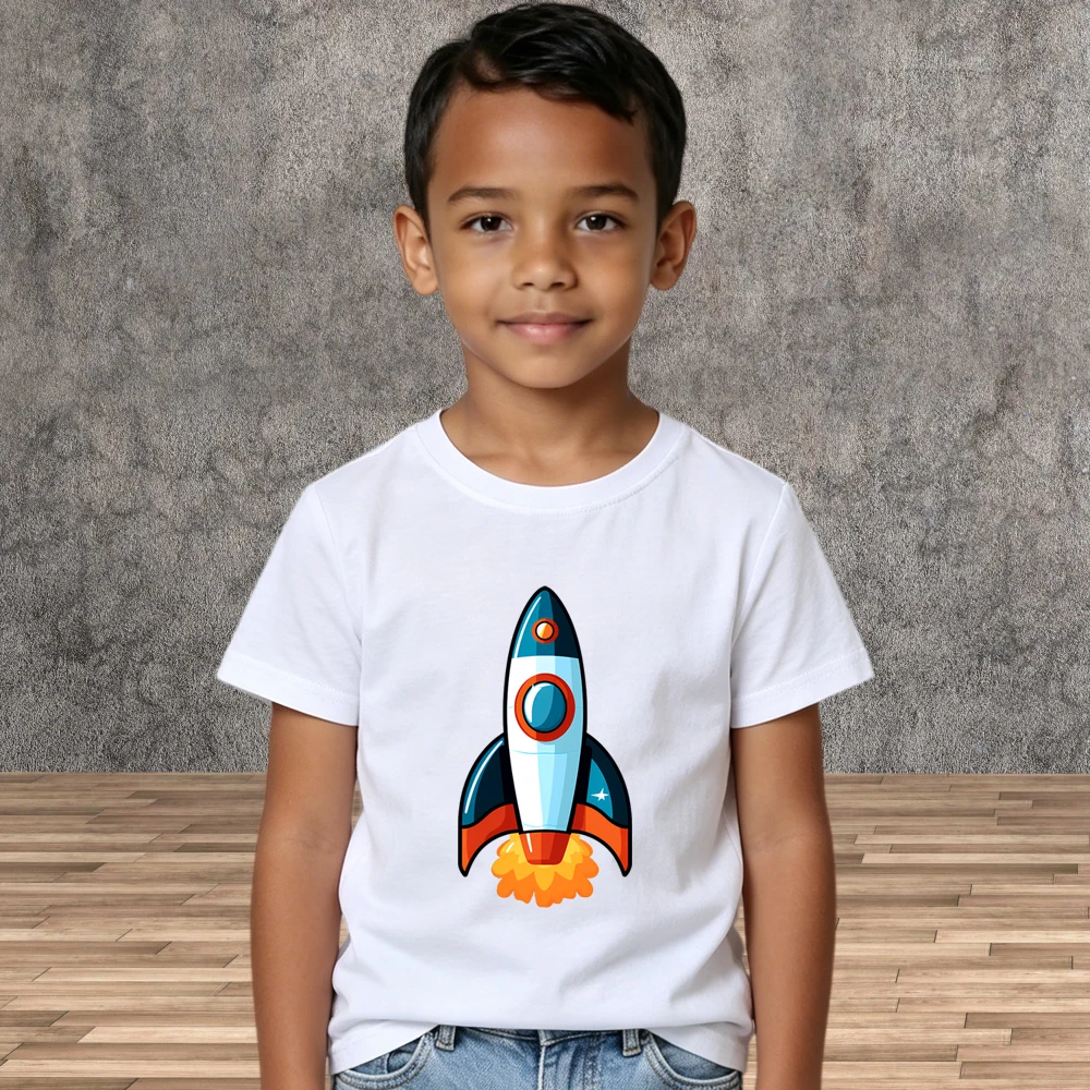 Soft Cotton Boys Printed Tees Rocket Pattern Summer Children Short Sleeve Tops