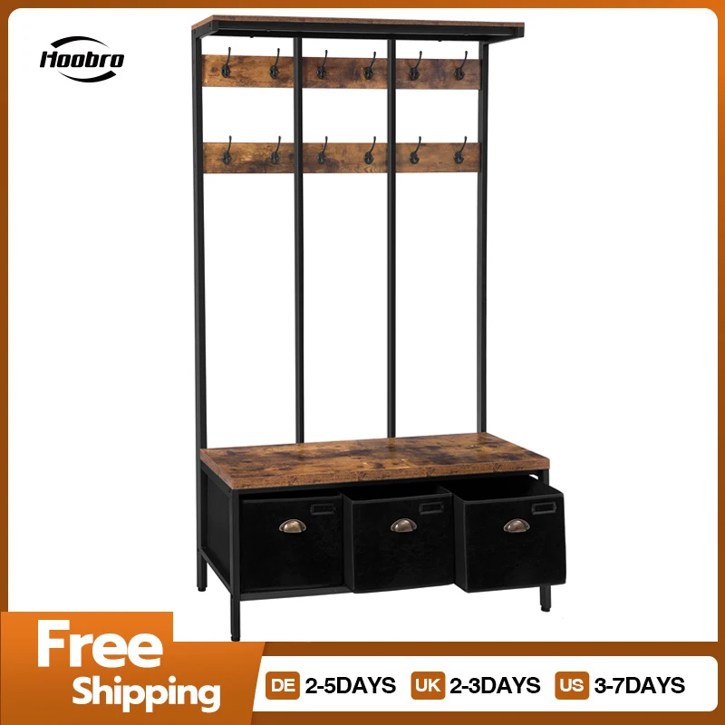 HOOBRO Coat Rack With 12 Hooks Hall Tree With Bench And Shoe Storage Entryway Bench With 3 Storage Boxes For Hallway Living Room