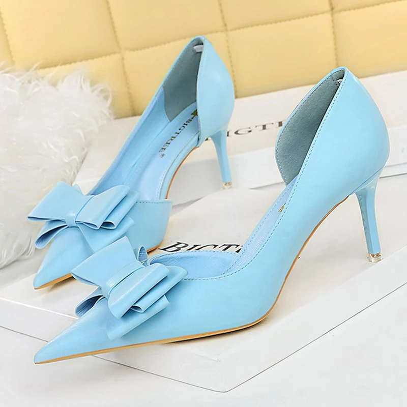 BIGTREE Shoes Pu Leather Kitten Heels Bowknot Stiletto Heels 7.5 Cm Women Pumps Fashion High-heeled Shoes Sexy Wedding Shoes