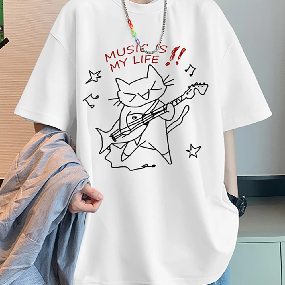 تي شيرت مطبوع عليه موسيقى الروك كات إز ماي لايف للنساء والرجال كاجوال فضفاض روك مضحك برقبة دائرية وأكمام قصيرة للجنسين