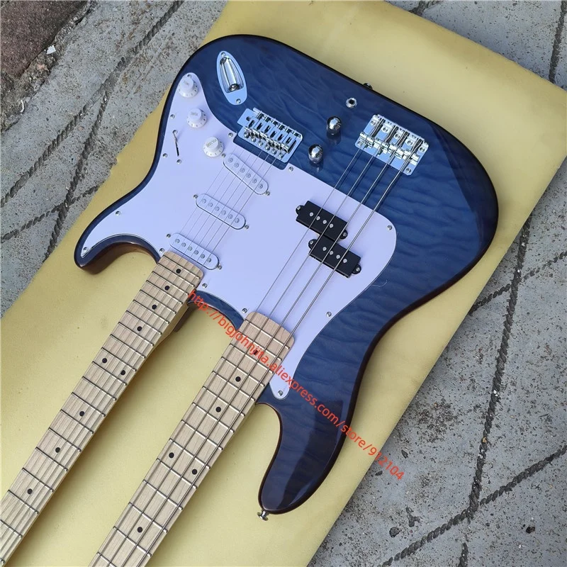 Large patterns Printed on the body surface 4 String Electric Bass&6 String Guitar Purple Double Necks Electric Guitar