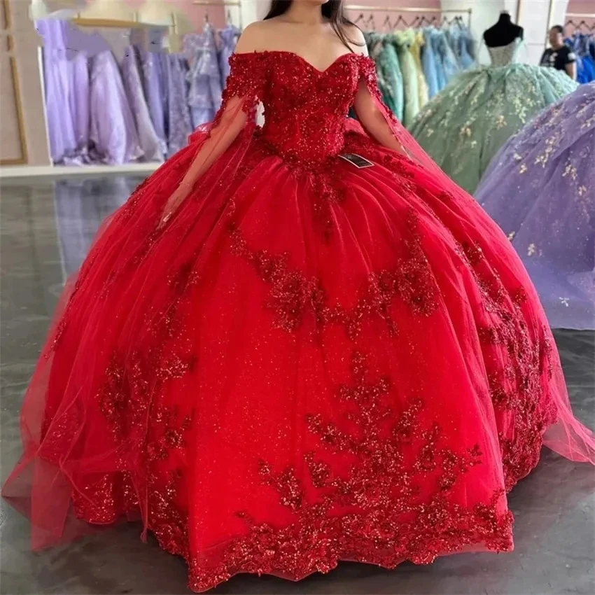 ANGELSBRIDEP Luxury Red Quinceanera Dresses Beading Lace Flowers Shiny Vestidos De 15 Anos Birthday Party Princess Customized