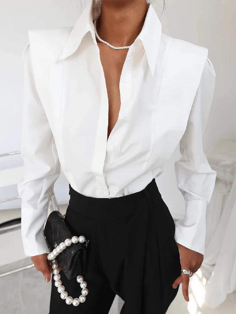 

Women's Solid Color Casual Button-Front Long-Sleeve Shirt, Fashionable Versatile Elegant Long-Sleeve Blouse for Work