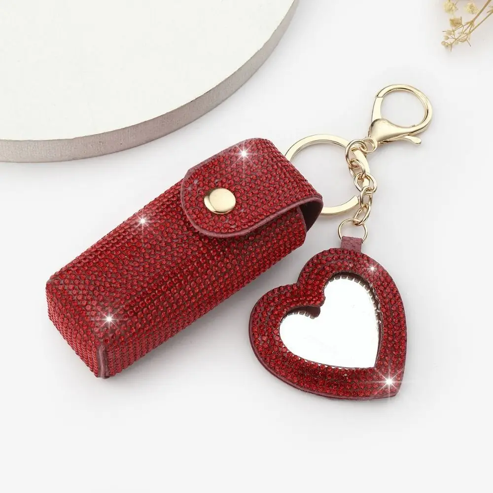 Portable Lipstick Organizer Keychain Exquisite with Makeup Mirror Lipstick Holder Bling Rhinestone Fashion Lip Gloss Bag