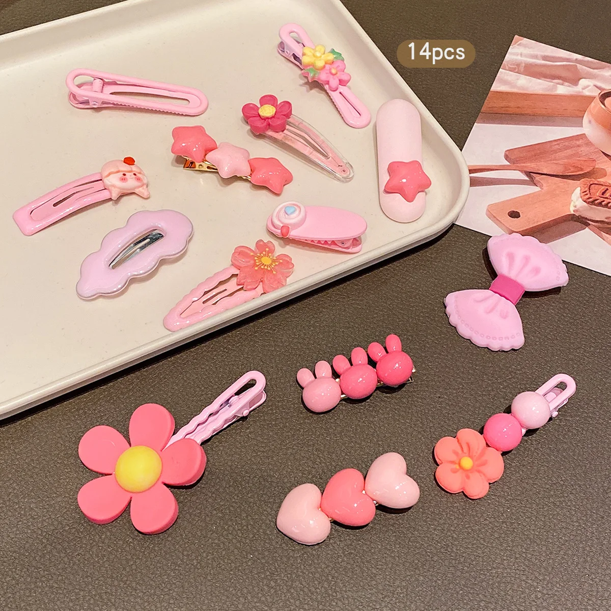 14 pink cartoon cute Korean style hair clips, sweet and fashionable hair accessories suitable for daily use