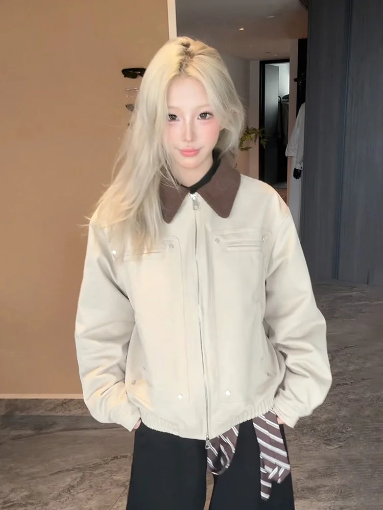 

Белая мужская куртка в американском стиле с воротником до плеч, сшитая из разных материалов, для работы, в бейсбольном стиле, парная куртка