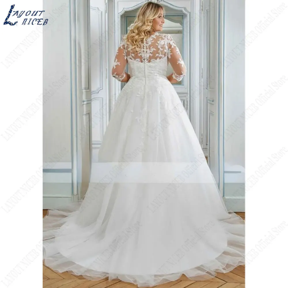 NICEB-vestidos de novia de talla grande con cuello en V, vestidos de novia con apliques, Mangas de tres cuartos, vestidos de novia con Espalda descubierta, vestidos de fiestaNICEB-vestidos de novia de talla grande con