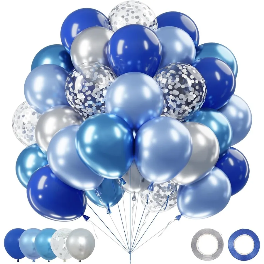 Juego de globos de plata azul, 60 piezas, globos azul real azul marino de 12 pulgadas con confeti metálico plateado azul claro para cumpleaños de bebé Sho