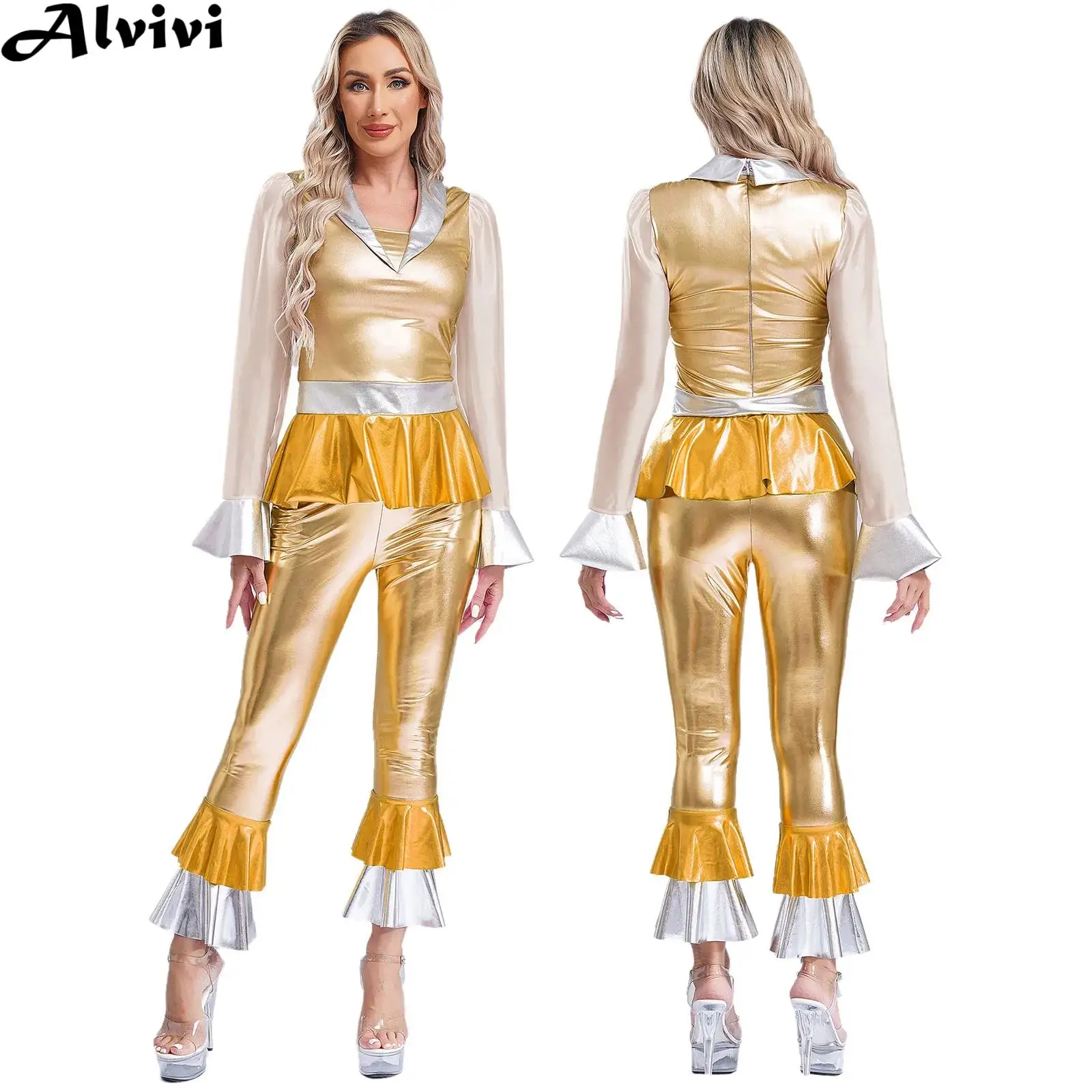 

Women Retro Disco Dance Outfit Halloween Hippie Cosplay Performance Costume Flare Sleeve Metallic Shiny Top with Flared Pants