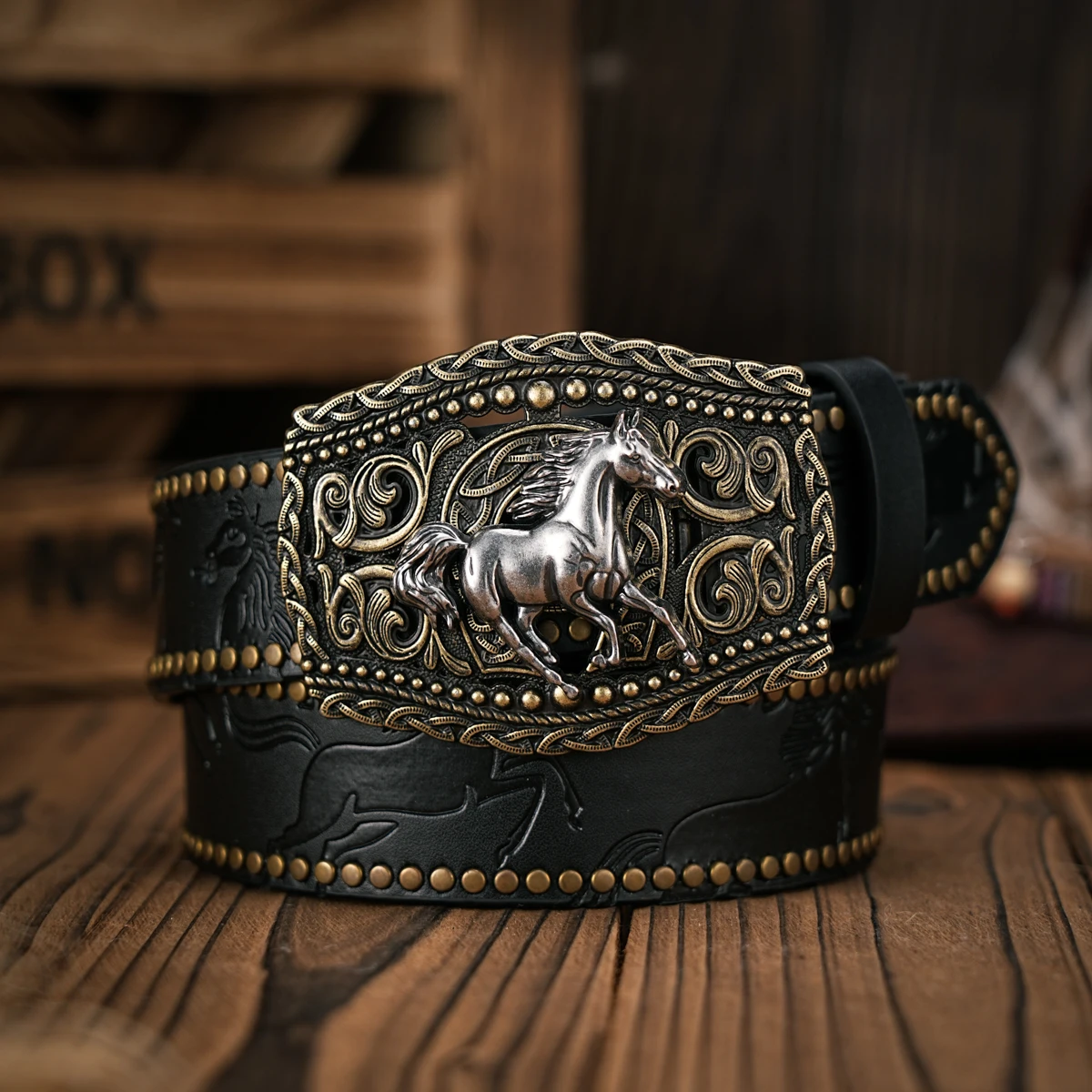 Herren- und Damen-Western-Cowboy-PU-Ledergürtel – Vintage-Gürtel mit floraler Gravur und Schnalle für Jeans – Detail 1
