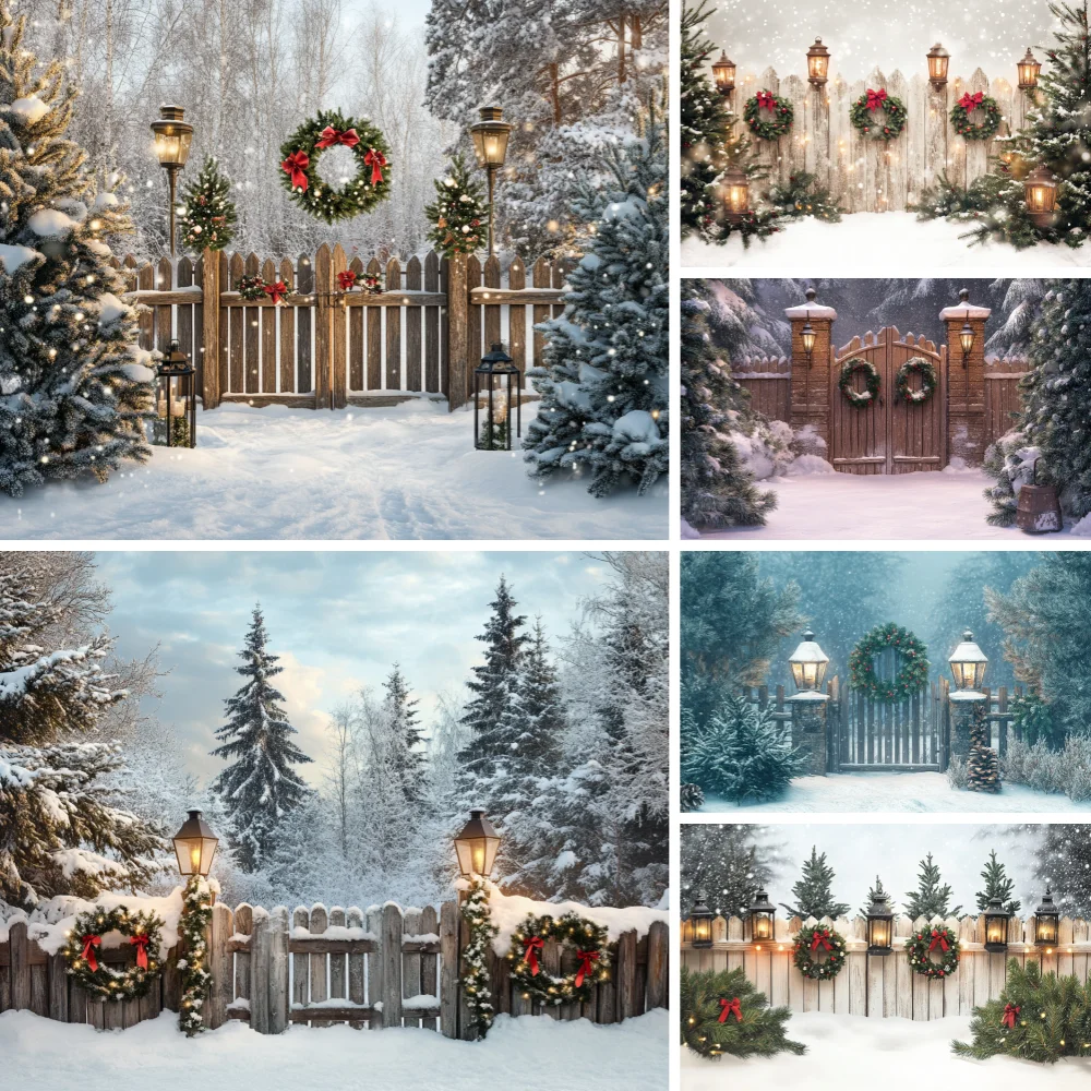 

ChristmasTree Garland Background Photography Rustic Wooden Fence Xmas Tree Lantern Backdrop Winter Kids Snowy Scene Photo Studio