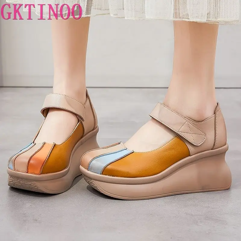 GKTINOO 2024 Spring Retro Women Genuine Leather Shoes National Style Wedges Heels Shoes Thick Sole Casual Ladies Platform Shoes