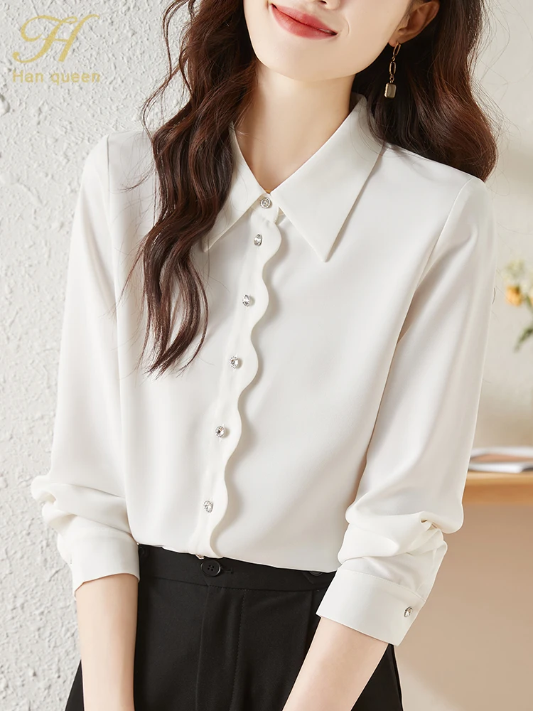 H Han Queen New Arrival Commuter Chic Shirt Womens Blouse Vintage Work Casual Tops Chiffon Blouse Elegant Loose Business Shirts