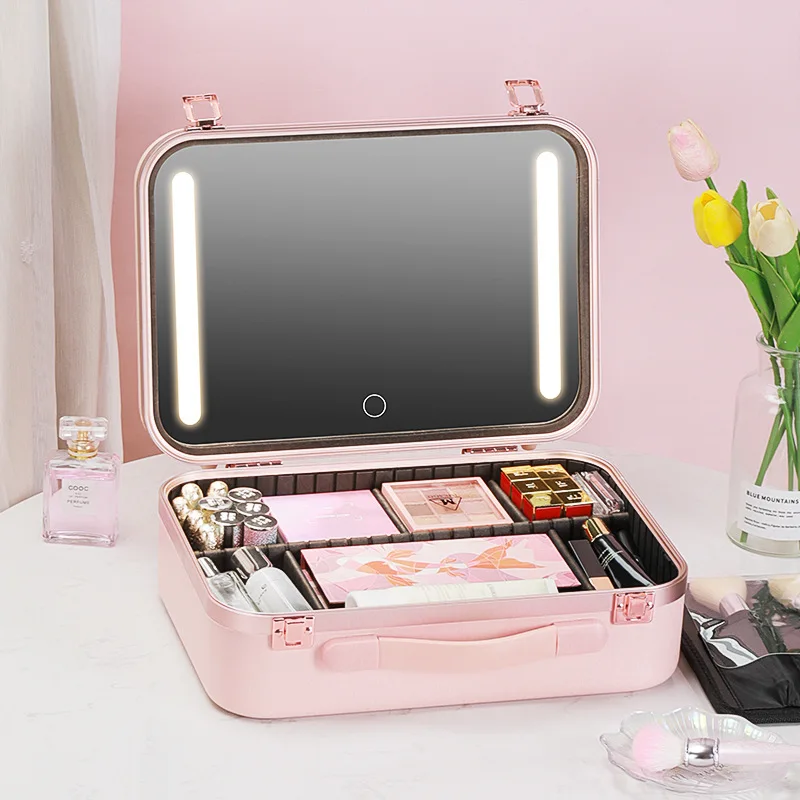 Large Capacity Women Cosmetic Bag Travel Makeup Case Professinal Cosmetic Storage Box Make Up Organizer with LED Light & Mirror