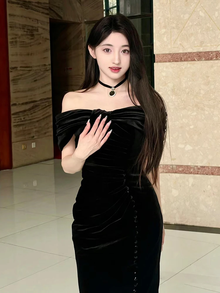 فساتين سهرة مخملية سوداء من L&P DQL Studio فستان حفلة موسيقية طويل قبالة الكتف وسحاب خلفي سويب تراين #3