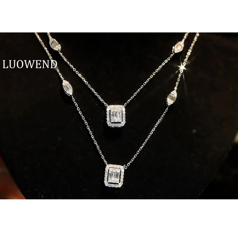

LUOWEND 100% 18K White Gold Necklace Fashion Geometric Design Real Natural Diamond Necklace for Women High Wedding Jewelry