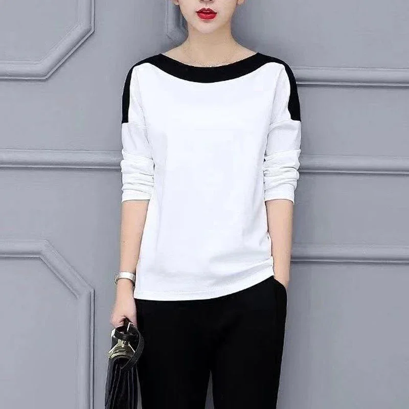 

Spring Autumn Korean Fashion Women's Casual Contrast Color Long Sleeve Basic T-shirts Round Loose Ladies Tops Clothing Z142