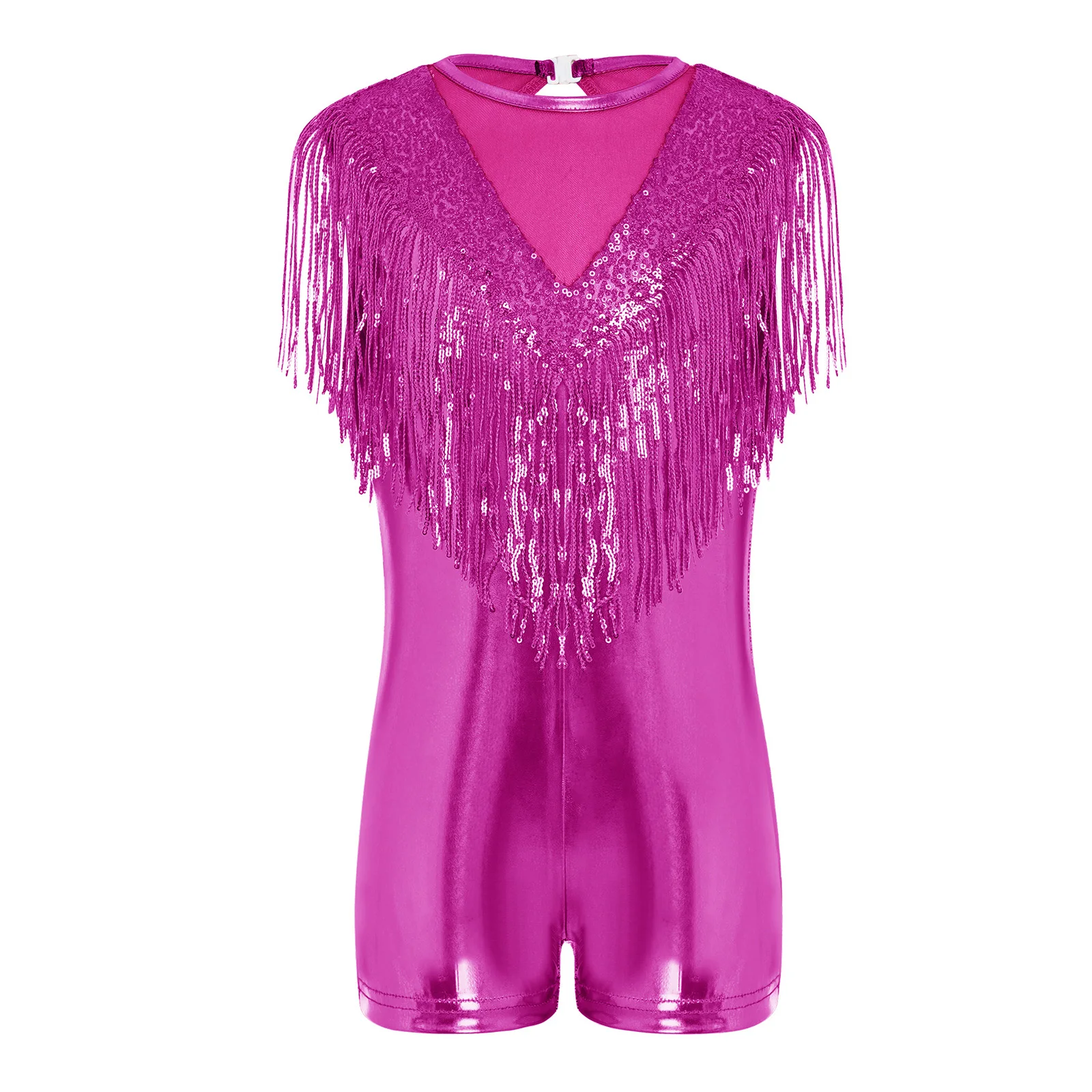 Kids Girls Sequin Tassels Metallic Jumpsuit 70s Disco Costume Sleeveless Bodysuit Stage Performance Dancewear Gymnastics Unitard
