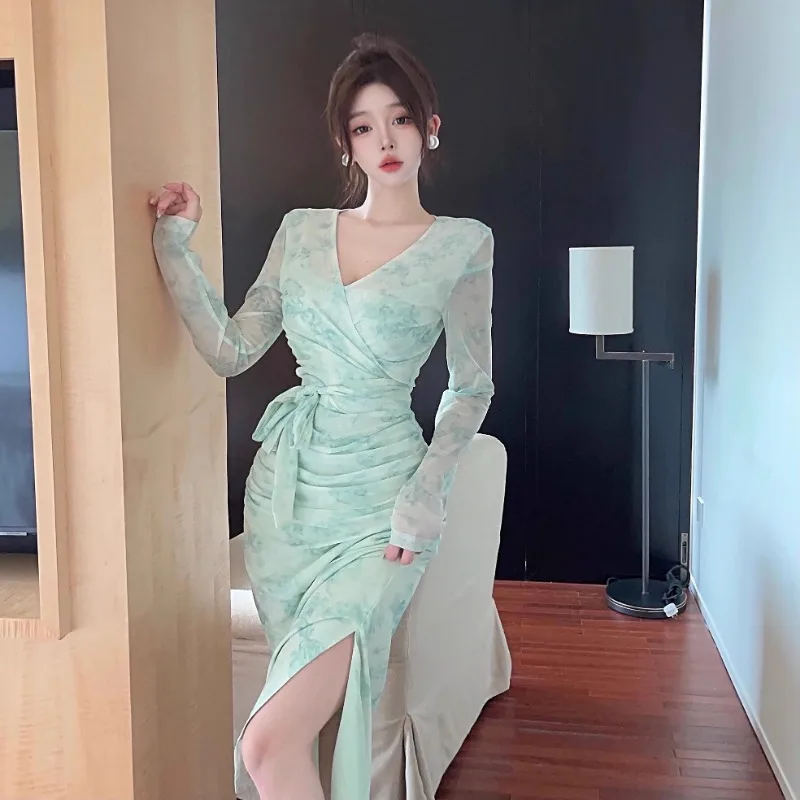 Matakawa 2 Stück Frauen kleider drucken Blumen Strand Stil elegante süße Vestidos Mujer koreanische Mode Vintage langes Kleid