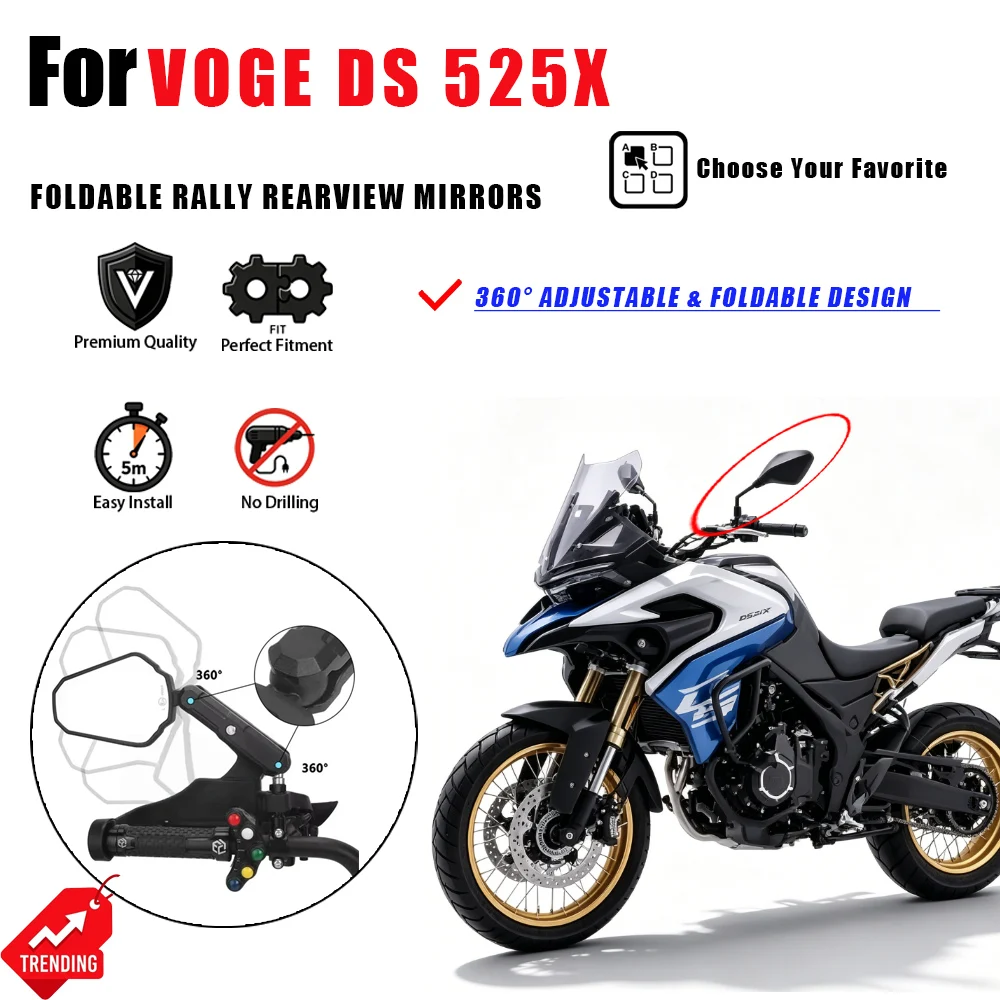 

For VOGE DS 525X Motorcycle Rearview Mirror Foldable Rally Style Side View Mirrors Espejos Moto Accesorios Moto DS525X Parts