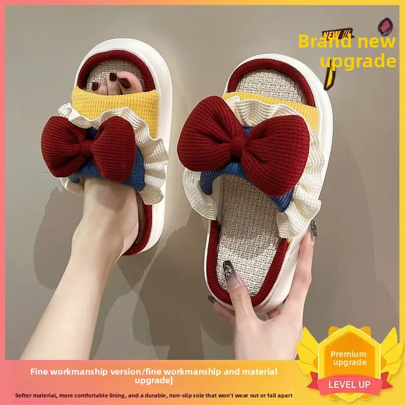Ladies Summer Casual Linen Slippers Cartoon Multicolor Bow Girls Home Anti-Slip Slippers Simple Cute Slip-On Footwear