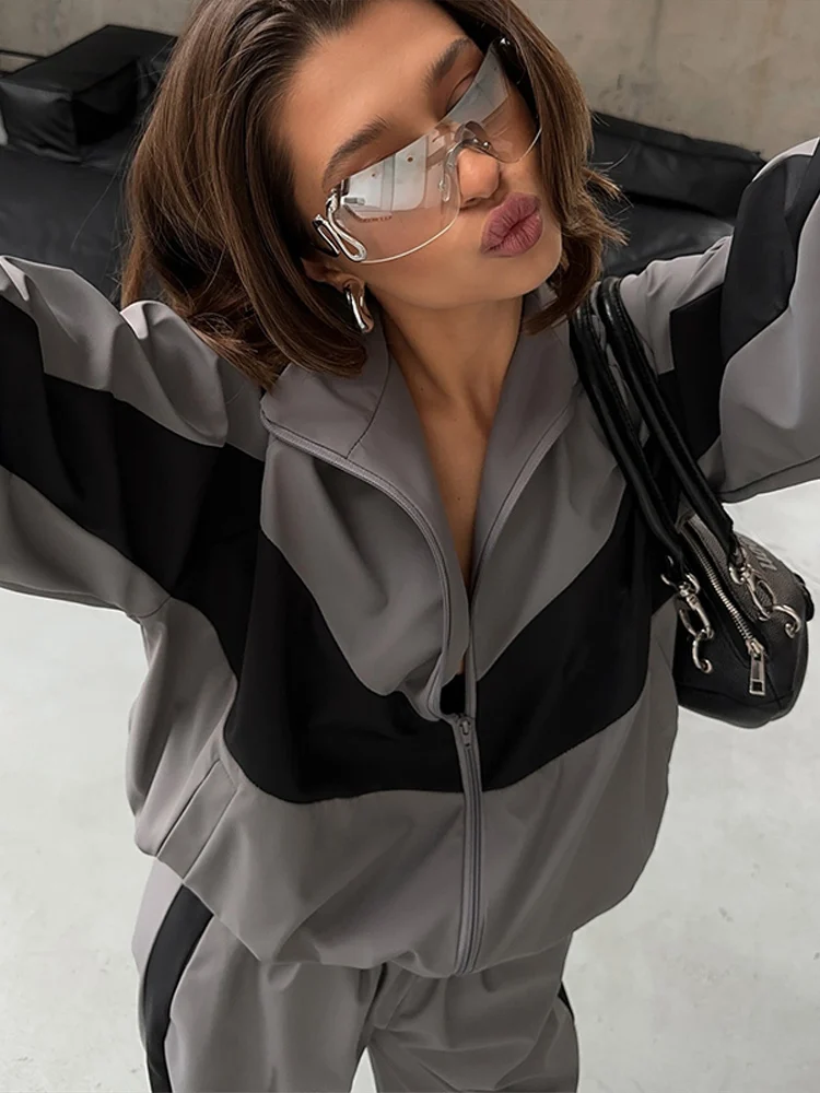 Getäfeltes, langärmliges, übergroßes Oberteil, Hosen-Sets für Damen, Streetwear, Laternenärmel, Reißverschluss, lockerer Mantel, Hose mit weitem Bein, modische Sportbekleidung – Detail 27