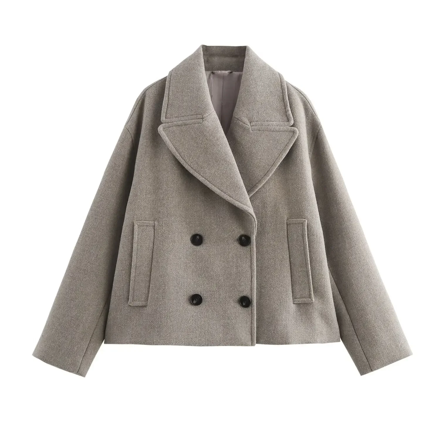 ZR Tweed Style Cropped Pocket Design Wool-Blend Overcoat Jacket Autumn/Winter Season Double Row Buttoning