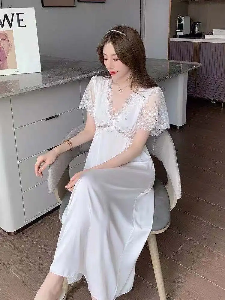 Lisacmvpnel Court Style Lace Nightdress Women\'s Long Out Ladies Nightwear With Removable Breast Pad Short Sleeved Sleepwear