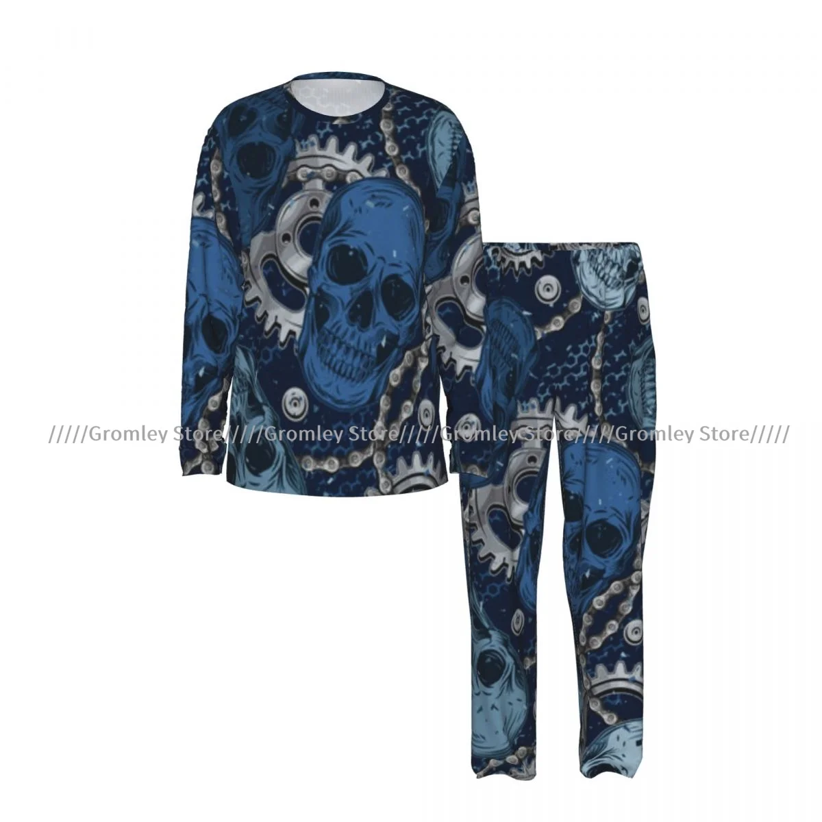 Camouflage Skulls Gears Bike Chain Men's Pajama Set Long Sleeve T-Shirt and Long Pants Sleepwear Male Nightwear Home Suit
