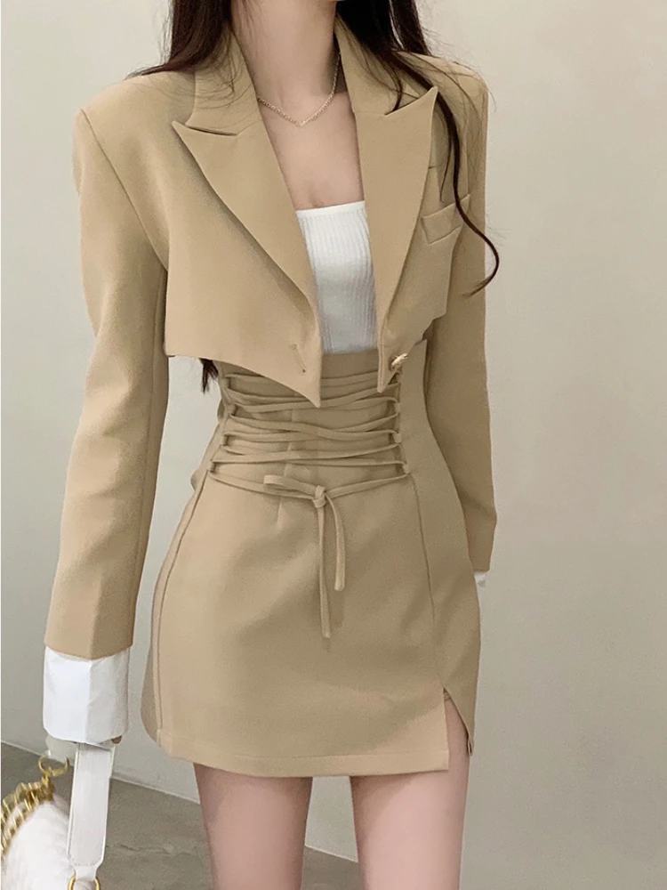 2 Piece Dress Set Women Casual Y2k Crop Tops Elegant Jacket Coats + Mini Skirts Korean Fashion Suits 2022 Autumn Blazers Dress