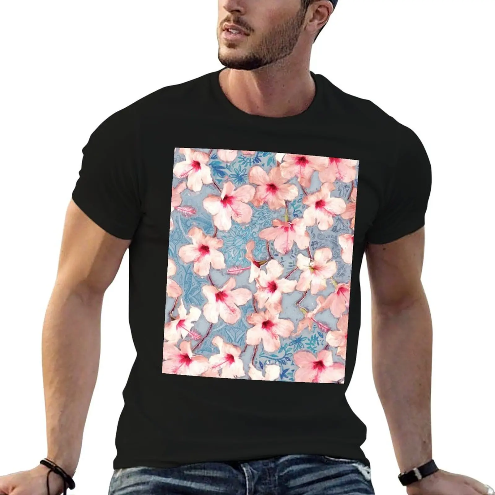 Shabby Chic Hibiscus Patchwork Pattern in Pink & Blue T-Shirt Holiday Vacation Tee Shirt