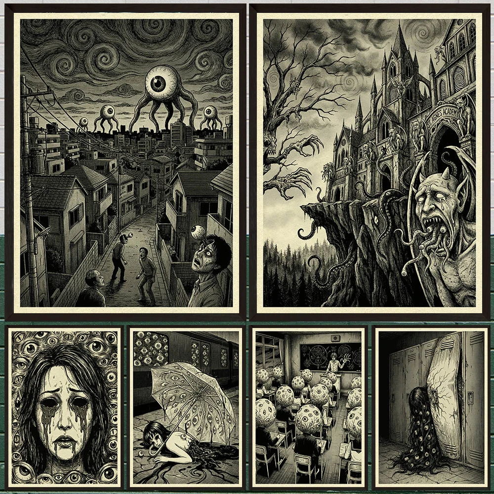 Japanese Horror Cosmic Creepy Cthulhu & Eye Poster And print,Surreal Manga Style Eye Monster Wall Art decor unframed